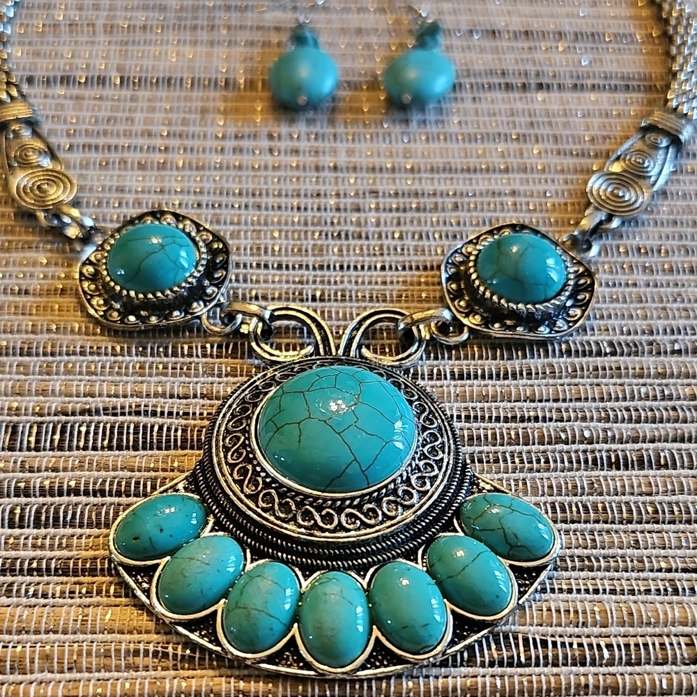 Turquoise and Silver Necklace and Earring Set